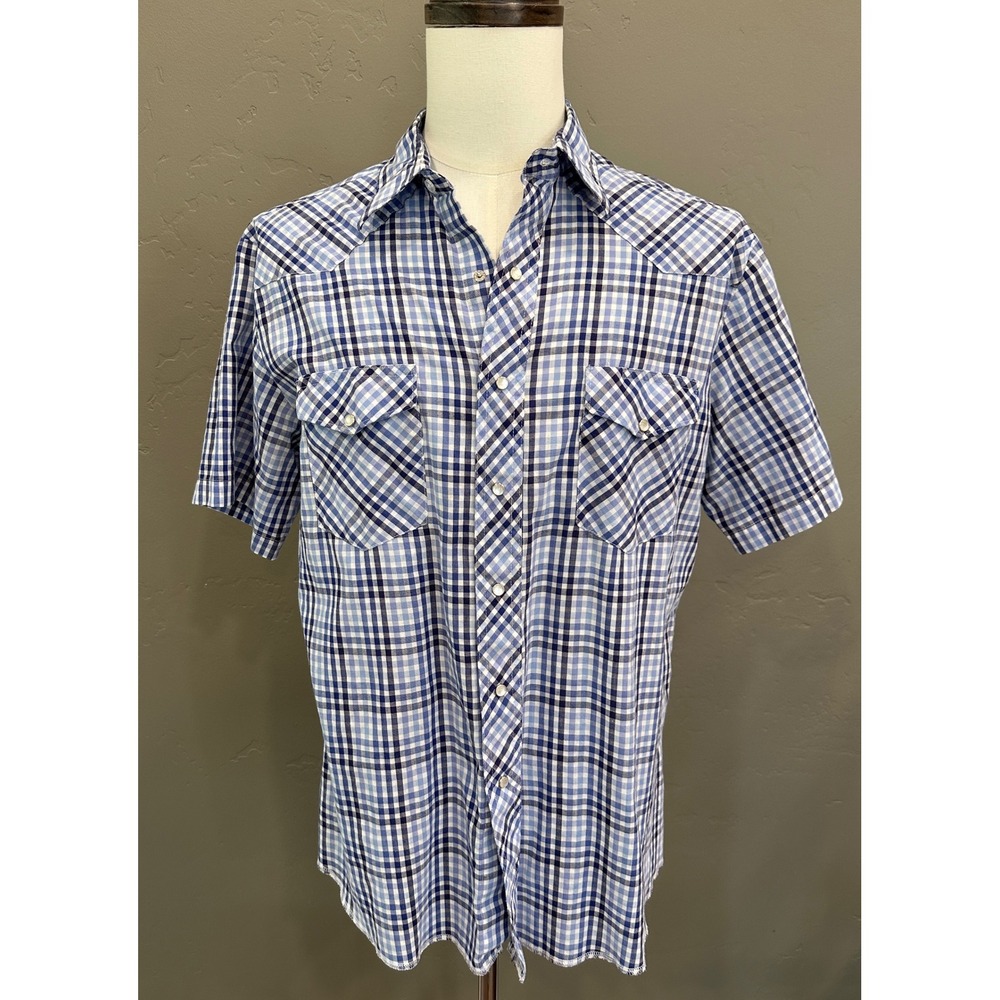 Vtg 90s Wrangler Western Shirt Large Blue Plaid Kane-M Pearl Snap Cowboy Rodeo